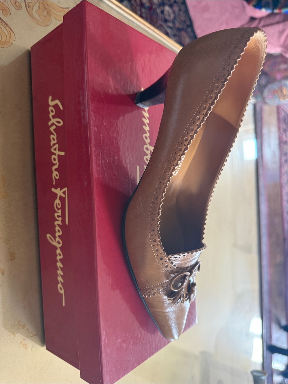 Salvatore Ferragamo Tan Leather Scalloped Pointed-Toe Pump with Bow